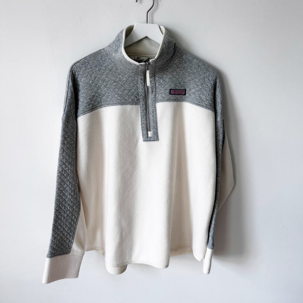 Vineyard Vines Mixed Media Sherpa Size XL Ivory Gray Fleece Jacket Quarter Zip